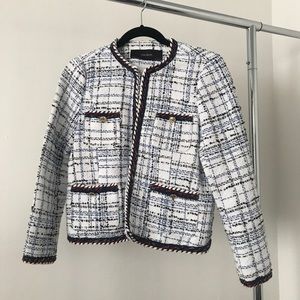 Short Jacquard Tweed Blazer with ribbon trims